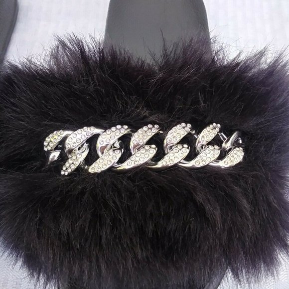 Black Faux Fur Slides/Slippers/With Chain - Picture 3 of 7